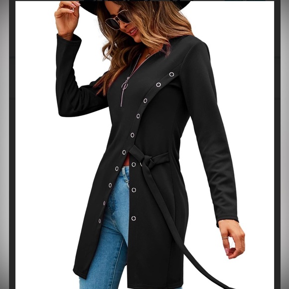 LYANER Zip Up Long Sleeve Side Split Asymmetrical Hem Longline Tunic Black XL - Picture 2 of 2